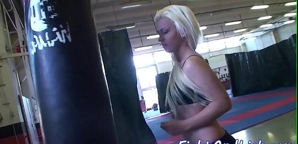  Wrestling cuties pussytoying in a boxing ring